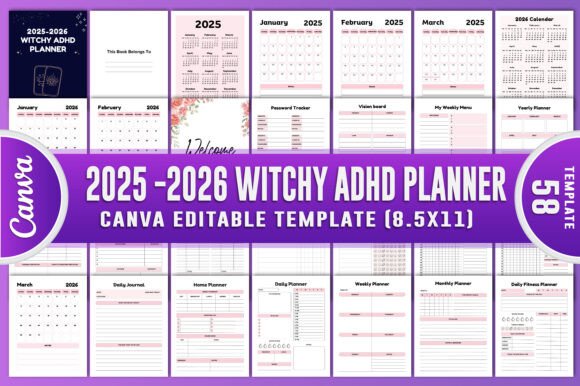 2025-2026 Witchy Adhd Planner Canva Kdp