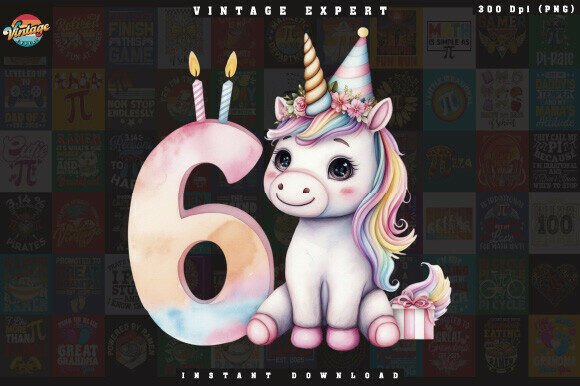 Watercolor Unicorn Six with Gift Box PNG